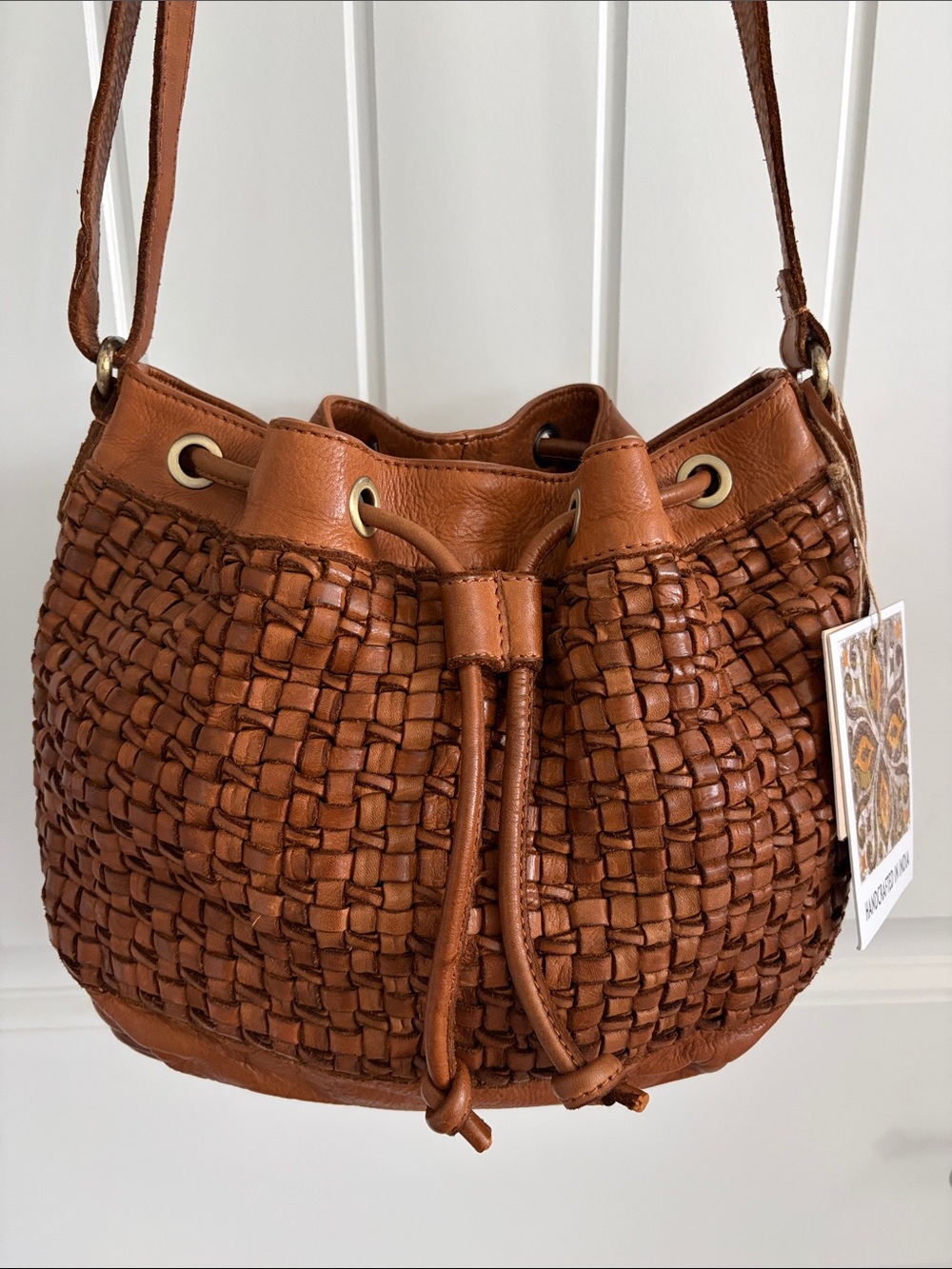 Handcrafted Woven Cognac Brown Leather Bucket Drawstring Bag Crossbody Purse